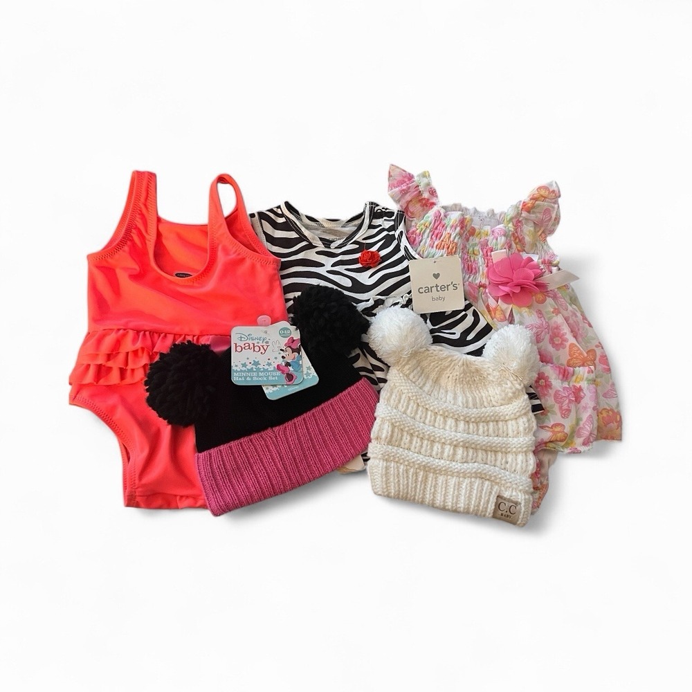 Lot/5 Baby Girls Clothing Size 3-6 Months (2) Hats (1) Swimsuit (2) Sun‎ Dresses
